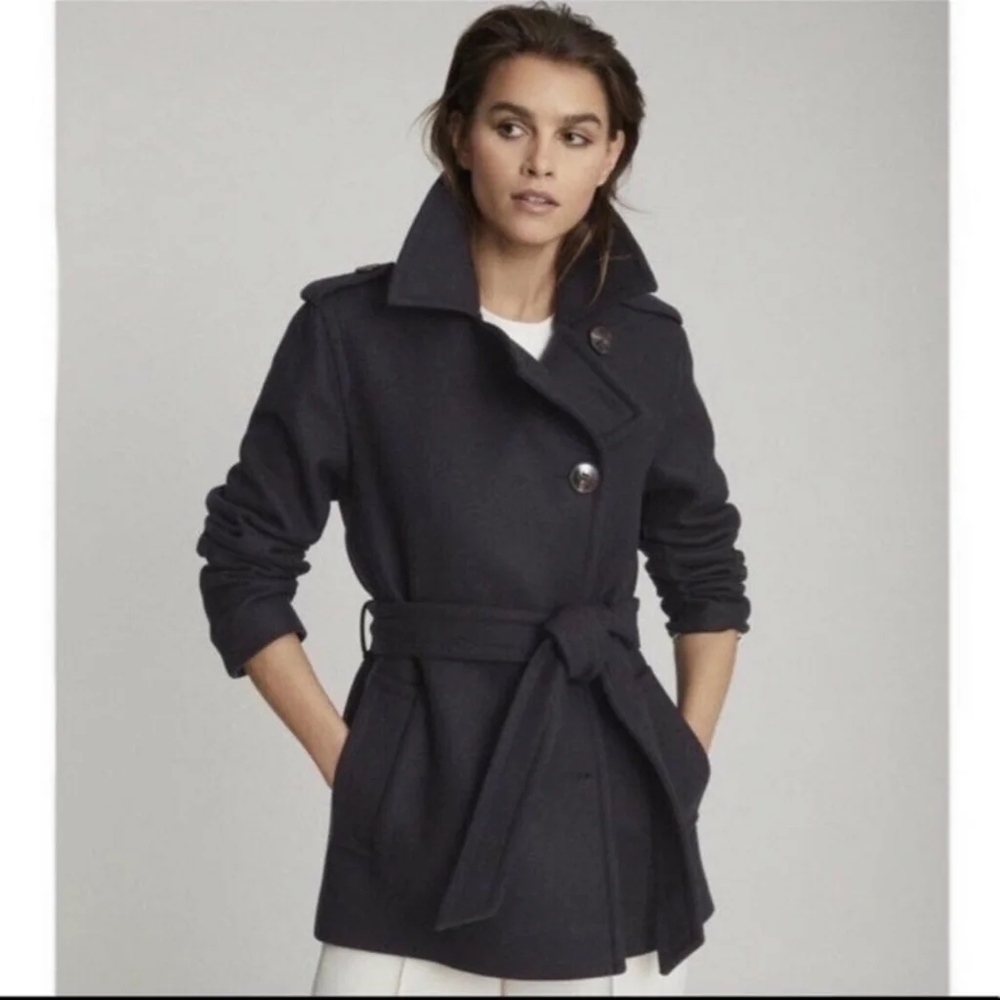 NWT Reiss Navy Blue Sia Wool Blend PeaCoat. Size 14